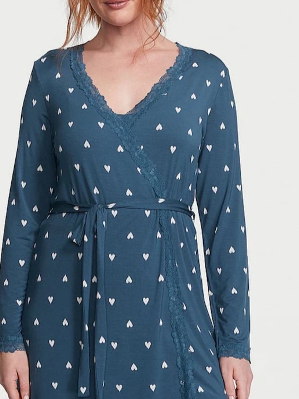 Victoria's Secret Blue Heart-Print Lace-Trim Wrap Robe XL/XXL